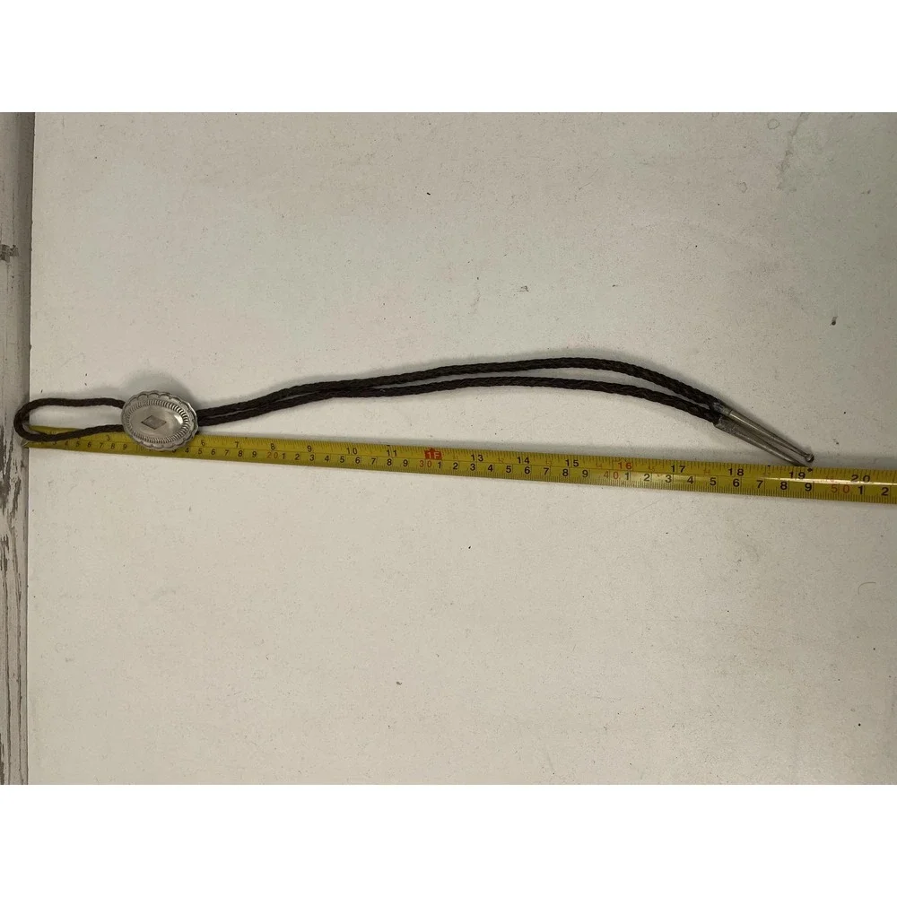 Southwestern Oval Bolo Tie Silver Tone Brown Leather Adjustable 19.5in Men